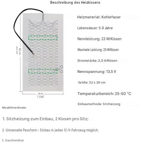 Autositz-Heizungsset, 12 V, 50 W, 1 Sitz, Kohlefaser