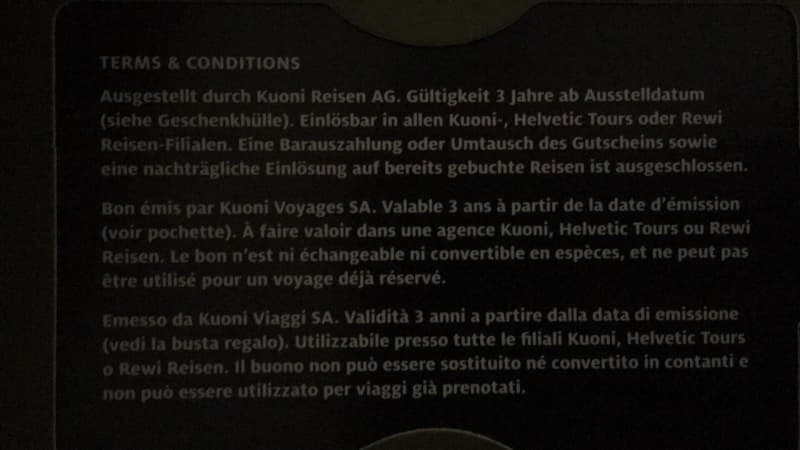 KUONI Reisegutschein, Wert CHF 1000.-
