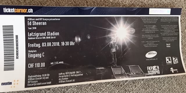 Ed Sheeran Ticket 03.08.2018 letzigrund