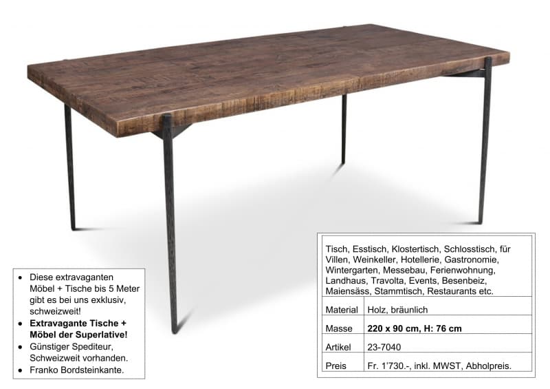 Tisch, Holz Metall Untergestell filigran, 220 x 90 cm,