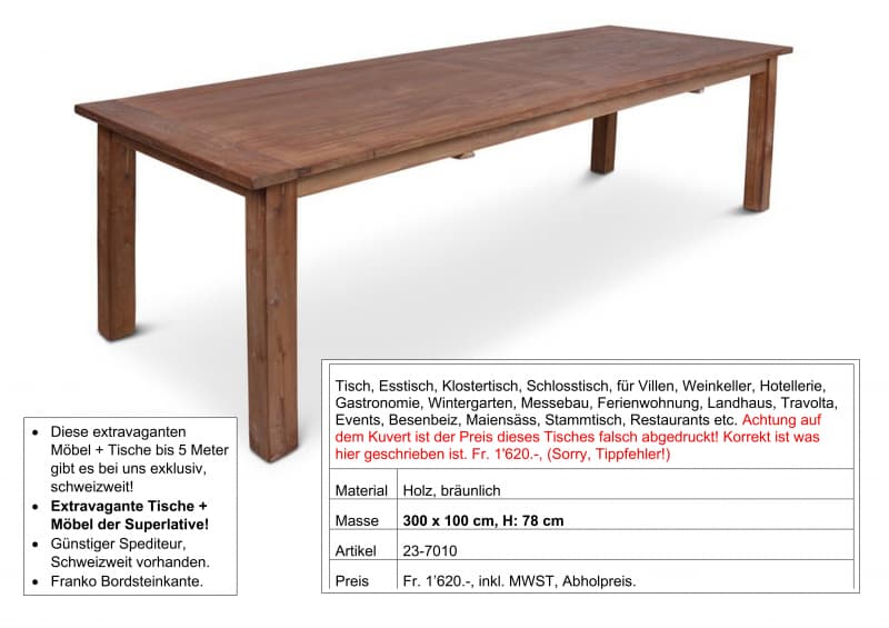 Tisch, massiv Holz, 300 x 100 cm, H: 78 cm rechteckig