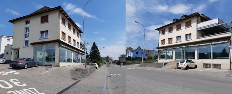 heller Gewerberaum mit Säulen und grosser Schaufensterfront