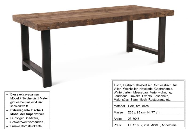 Tisch, Holz, mit Metall Bügel Fuss, 200 x 95 cm, H: 77 cm Beine