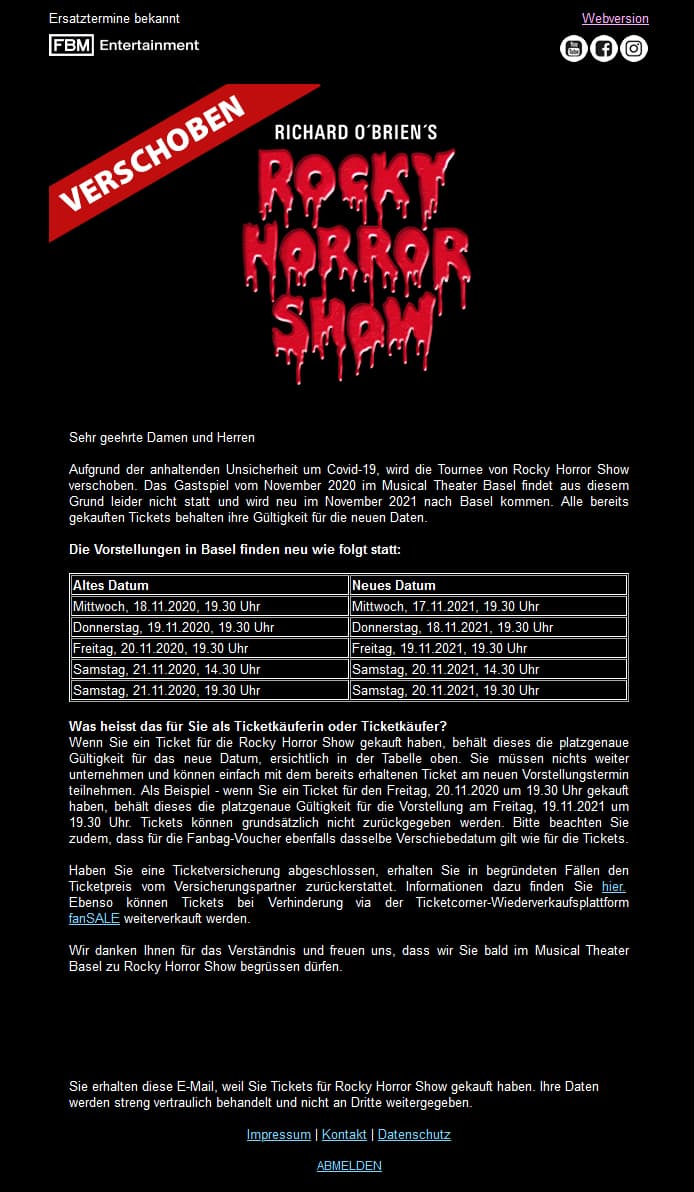 Rocky Horror Show Tickets 2x, Musical Theater Basel