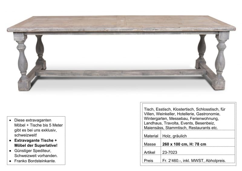 Tisch, massiv Holz, Fusssteg gedrechselte Beine, 260 x 100 cm
