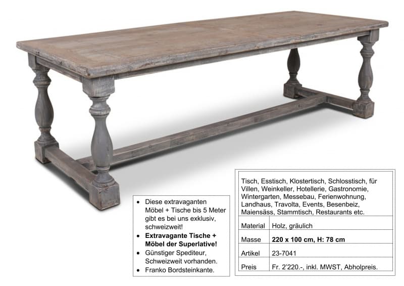 Tisch, massiv Holz, Fusssteg + gedrechselten Beinen, 220 x 100 cm