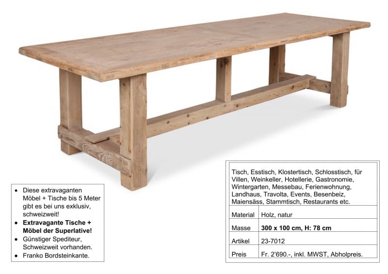 Tisch, massiv Holz, mit Fusssteg, 300 x 100 cm, H: 78 cm